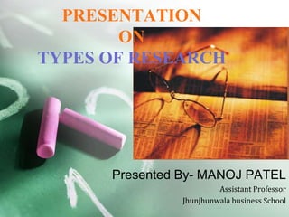 PRESENTATION
ON
TYPES OF RESEARCH

Presented By- MANOJ PATEL
Assistant Professor
Jhunjhunwala business School

 