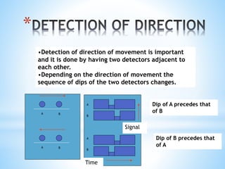 *
•Detection of direction of movement is important
and it is done by having two detectors adjacent to
each other.
•Depending on the direction of movement the
sequence of dips of the two detectors changes.
A B
A
B
Dip of A precedes that
of B
A B
A
B
Dip of B precedes that
of A
Time
Signal
 
