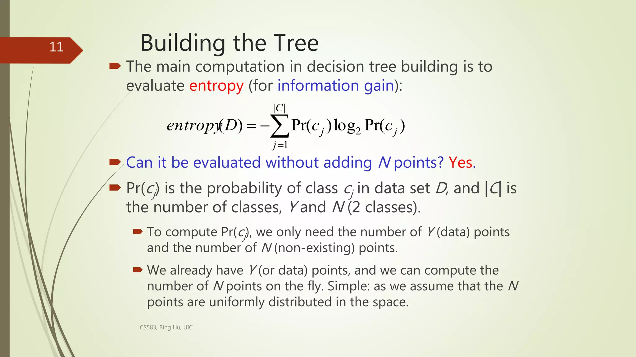 Building the Tree
 The main computation in decision tree building is to
evaluate entropy (for information gain):
 Can it be evaluated without adding N points? Yes.
 Pr(cj) is the probability of class cj in data set D, and |C| is
the number of classes, Y and N (2 classes).
 To compute Pr(cj), we only need the number of Y (data) points
and the number of N (non-existing) points.
 We already have Y (or data) points, and we can compute the
number of N points on the fly. Simple: as we assume that the N
points are uniformly distributed in the space.
CS583, Bing Liu, UIC
11
)
Pr(
log
)
Pr(
)
(
|
|
1
2 j
C
j
j c
c
D
entropy 



 