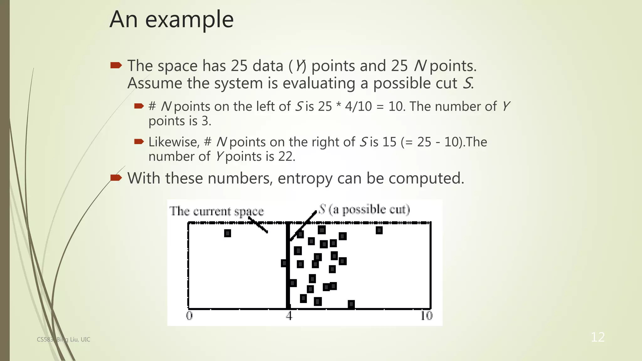 An example
 The space has 25 data (Y) points and 25 N points.
Assume the system is evaluating a possible cut S.
 # N points on the left of S is 25 * 4/10 = 10. The number of Y
points is 3.
 Likewise, # N points on the right of S is 15 (= 25 - 10).The
number of Y points is 22.
 With these numbers, entropy can be computed.
CS583, Bing Liu, UIC 12
 