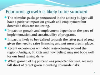 Economic growth is likely to be subdued
The stimulus package announced in the 2012/13 budget will
have a positive impact on growth and employment but
downside risks are mounting.
Impact on growth and employment depends on the pace of
implementation and sustainability of programs.
Impact is likely to be realized towards the latter part of 2012
given the need to raise financing and put measures in place.
Recent experiences with debt restructuring around the
region (Antigua, St Kitts and now Belize) may not bode well
for our fund raising drive.
While growth of 2.5 percent was projected for 2012, we may
fall short of target given mounting downside risks.
6
 