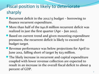Fiscal position is likely to deteriorate
sharply
Recurrent deficit in the 2012/13 budget – borrowing to
finance recurrent expenditure.
More than half of the $40.8 million recurrent deficit was
realized in just the first quarter (Apr – Jun 2012).
Based on current trend and given mounting expenditure
pressures, the recurrent deficit is likely to exceed the
budget target.
Revenue performance was below projections for April to
June 2012, falling short of target by $23 million.
The likely increase in recurrent and capital expenditure
coupled with lower revenue collection are expected to
result in an increase in the overall fiscal deficit to about 9
percent of GDP.
7
 