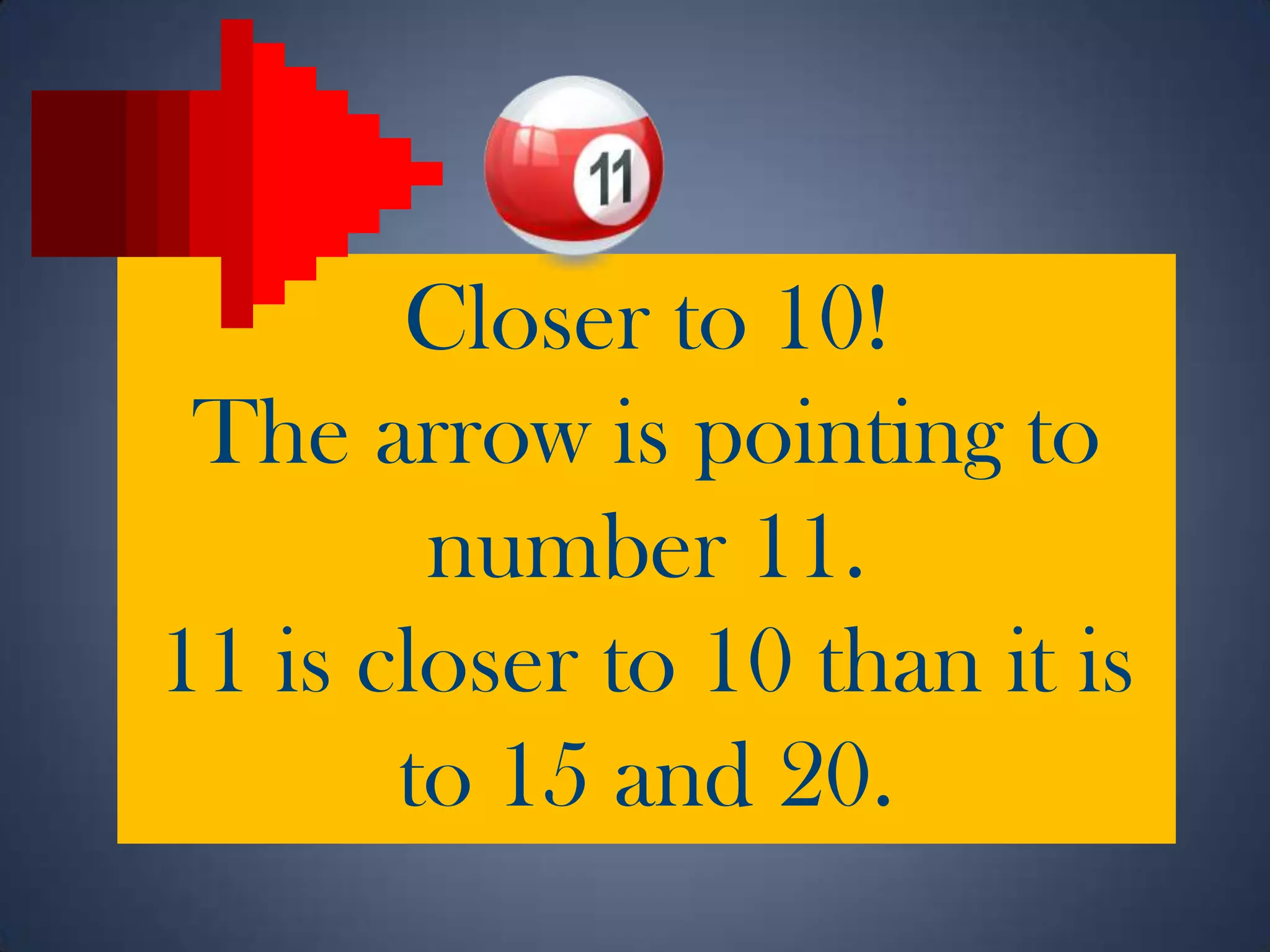 Closer to 10!
The arrow is pointing to
number 11.
11 is closer to 10 than it is
to 15 and 20.
