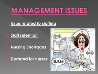  Issue related to staffing 
 Staff retention 
 Nursing Shortages 
 Demand for nurses 
 