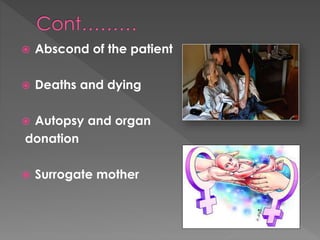  Abscond of the patient 
 Deaths and dying 
 Autopsy and organ 
donation 
 Surrogate mother 
 