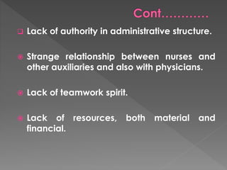  Lack of authority in administrative structure. 
 Strange relationship between nurses and 
other auxiliaries and also with physicians. 
 Lack of teamwork spirit. 
 Lack of resources, both material and 
financial. 
 