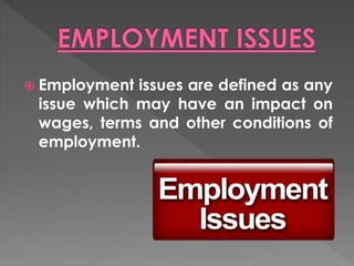  Employment issues are defined as any 
issue which may have an impact on 
wages, terms and other conditions of 
employment. 
 