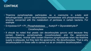 Click to edit Master title style
27
CONTINUE
27
• Thiamine pyrophosphate participates as a coenzyme in a-keto acid
dehydrogenases, pyruvic decarboxylase transketolase and phosphoketolase, an
enzyme concerned with the metabolism of pentoses in certain bacteria. For
example
• D-Xylulose-5-P + P1 Phosphoketolase Acetyl-P + Glyceraldehyde-P
• Cocarboxylase
• It should be noted that yeasts can decarboxylate pyruvic acid because they
contain thiamine pyrophosphate (cocarboxylase) and the apoenzyme
(decarboxylase). Animal cells contain thiamine pyrophosphate when the thiamine
supply is adequate, but they lack the apoenzyme, the decarboxylase. That is why
decarboxylation in these cells is carried out as an oxidative decarboxylation.
•
 