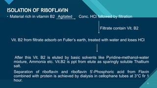 Click to edit Master title style
31
ISOLATION OF RIBOFLAVIN
31
• Material rich in vitamin B2 Agitated Conc. HCl followed by filtration
Filtrate contain Vit. B2
Vit. B2 from filtrate adsorb on Fuller’s earth, treated with water and loses HCl
After this Vit. B2 is eluted by basic solvents like Pyridine-methanol-water
mixture, Ammonia etc. Vit.B2 is ppt from elute as sparingly soluble Thallium
salt.
Separation of riboflavin and riboflavin 5’-Phosphoric acid from Flavin
combined with protein is achieved by dialysis in cellophane tubes at 3°C fir 1
hour.
 
