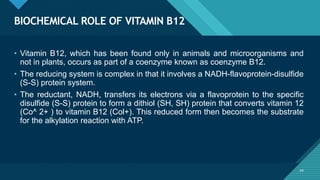 Click to edit Master title style
44
BIOCHEMICAL ROLE OF VITAMIN B12
44
• Vitamin B12, which has been found only in animals and microorganisms and
not in plants, occurs as part of a coenzyme known as coenzyme B12.
• The reducing system is complex in that it involves a NADH-flavoprotein-disulfide
(S-S) protein system.
• The reductant, NADH, transfers its electrons via a flavoprotein to the specific
disulfide (S-S) protein to form a dithiol (SH, SH) protein that converts vitamin 12
(Co^ 2+ ) to vitamin B12 (Col+). This reduced form then becomes the substrate
for the alkylation reaction with ATP.
 