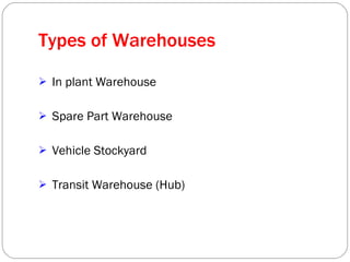 Types of Warehouses  In plant Warehouse Spare Part Warehouse Vehicle Stockyard Transit Warehouse (Hub) 