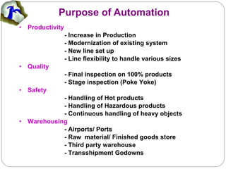 Purpose of Automation Productivity  - Increase in Production - Modernization of existing system - New line set up - Line flexibility to handle various sizes Quality - Final inspection on 100% products - Stage inspection (Poke Yoke) Safety - Handling of Hot products - Handling of Hazardous products - Continuous handling of heavy objects Warehousing - Airports/ Ports - Raw  material/ Finished goods store - Third party warehouse - Transshipment Godowns 