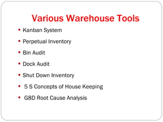 Various Warehouse Tools Kanban System Perpetual Inventory Bin Audit Dock Audit Shut Down Inventory 5 S Concepts of House Keeping G8D Root Cause Analysis 