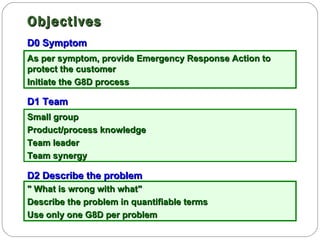 Objectives " What is wrong with what" Describe the problem in quantifiable terms Use only one G8D per problem D2 Describe the problem Small group Product/process knowledge Team leader Team synergy D1 Team As per symptom, provide Emergency Response Action to protect the customer Initiate the G8D process D0 Symptom 
