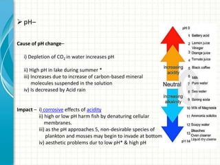  pH–

Cause of pH change–

   i) Depletion of CO2 in water increases pH

   ii) High pH in lake during summer *
   iii) Increases due to increase of carbon-based mineral
        molecules suspended in the solution
   iv) Is decreased by Acid rain


Impact – i) corrosive effects of acidity
         ii) high or low pH harm fish by denaturing cellular
             membranes.
         iii) as the pH approaches 5, non-desirable species of
              plankton and mosses may begin to invade at bottom
         iv) aesthetic problems dur to low pH* & high pH
 