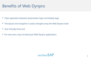 3
Benefits of Web Dynpro
Clear separation between presentation logic and display logic
The layout and navigation is easily changed using the Web Dynpro tools
User-friendly front end
For end users, easy-to-learn(use) Web Dynpro applications