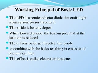 Working Principal of Basic LED
The LED is a semiconductor diode that emits light
when current passes through it
The n-side is heavily doped
When forward biased, the built-in potential at the
junction is reduced
The e-
from n-side get injected into p-side
 e-
combine with the holes resulting in emission of
photons i.e. light
This effect is called electroluminescence
 