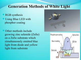 Generation Methods of White Light
RGB synthesis
Using Blue LED with
phosphor coating
Other methods include
growing zinc selenide (ZnSe)
on a ZnSe substrate which
simultaneously emitted blue
light from diode and yellow
light from substrate
 
