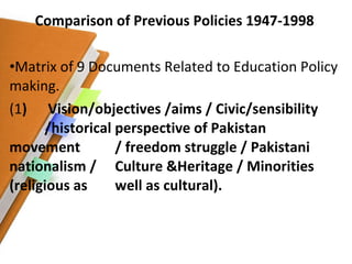 Comparison of Previous Policies 1947-1998 Matrix of 9 Documents Related to Education Policy making. (1 )  Vision/objectives /aims / Civic/sensibility  /historical perspective of Pakistan movement  / freedom struggle / Pakistani nationalism /  Culture &Heritage / Minorities (religious as  well as cultural). 