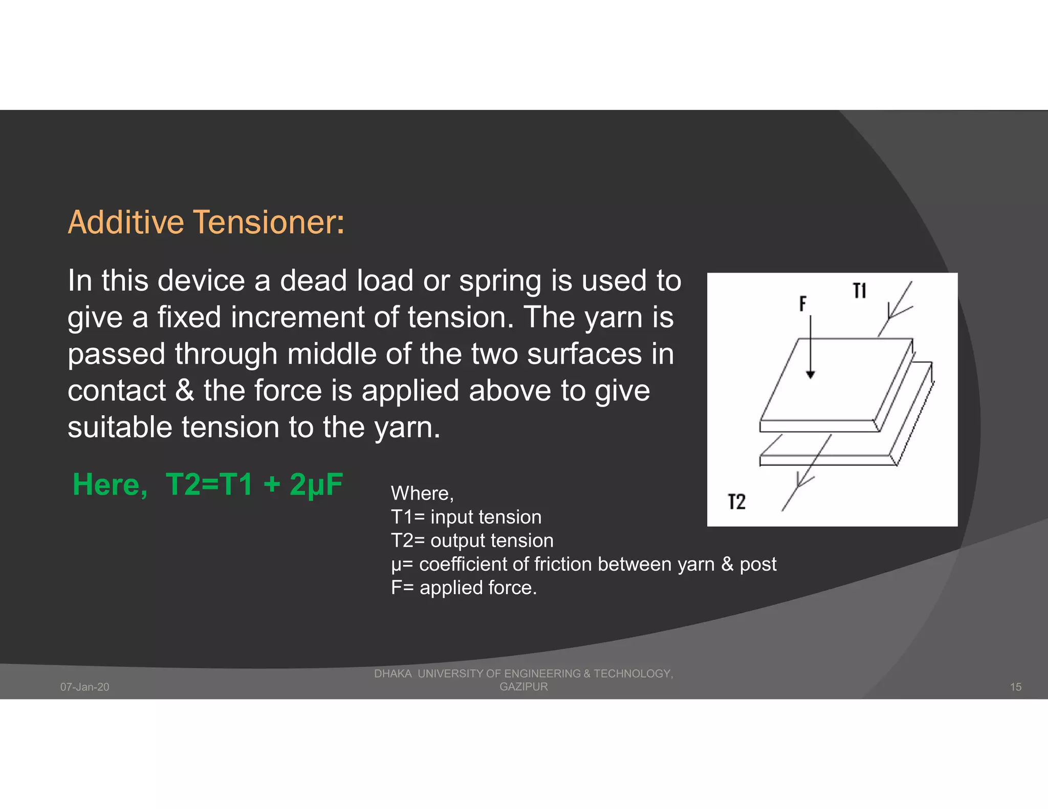 Additive Tensioner:
In this device a dead load or spring is used to
give a fixed increment of tension. The yarn is
passed through middle of the two surfaces in
contact & the force is applied above to give
suitable tension to the yarn.
Here, T2=T1 + 2μF Where,
T1= input tension
T2= output tension
μ= coefficient of friction between yarn & post
F= applied force.
DHAKA UNIVERSITY OF ENGINEERING & TECHNOLOGY,
GAZIPUR07-Jan-20 15
 
