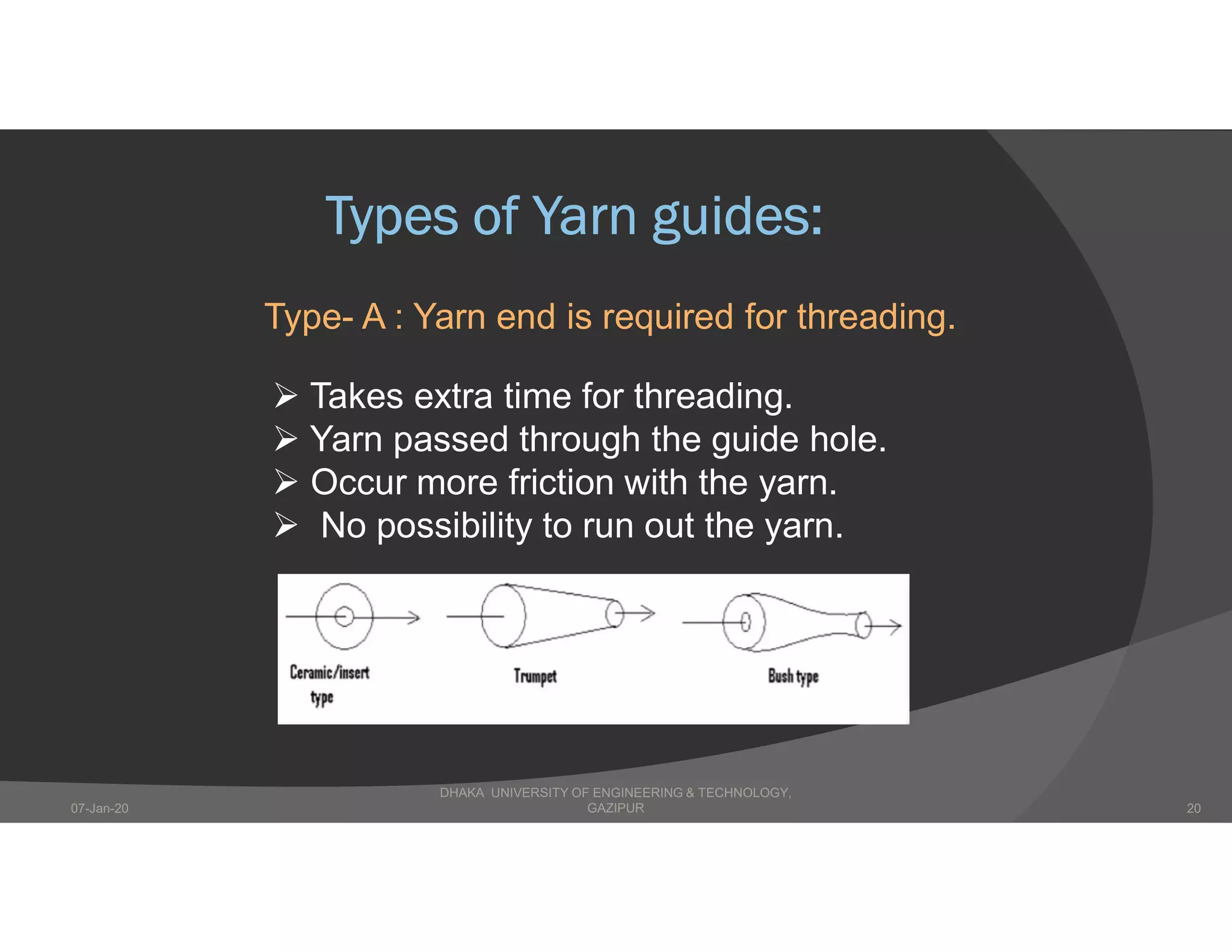 Types of Yarn guides:
Type- A : Yarn end is required for threading.
 Takes extra time for threading.
 Yarn passed through the guide hole.
 Occur more friction with the yarn.
 No possibility to run out the yarn.
DHAKA UNIVERSITY OF ENGINEERING & TECHNOLOGY,
GAZIPUR07-Jan-20 20
 