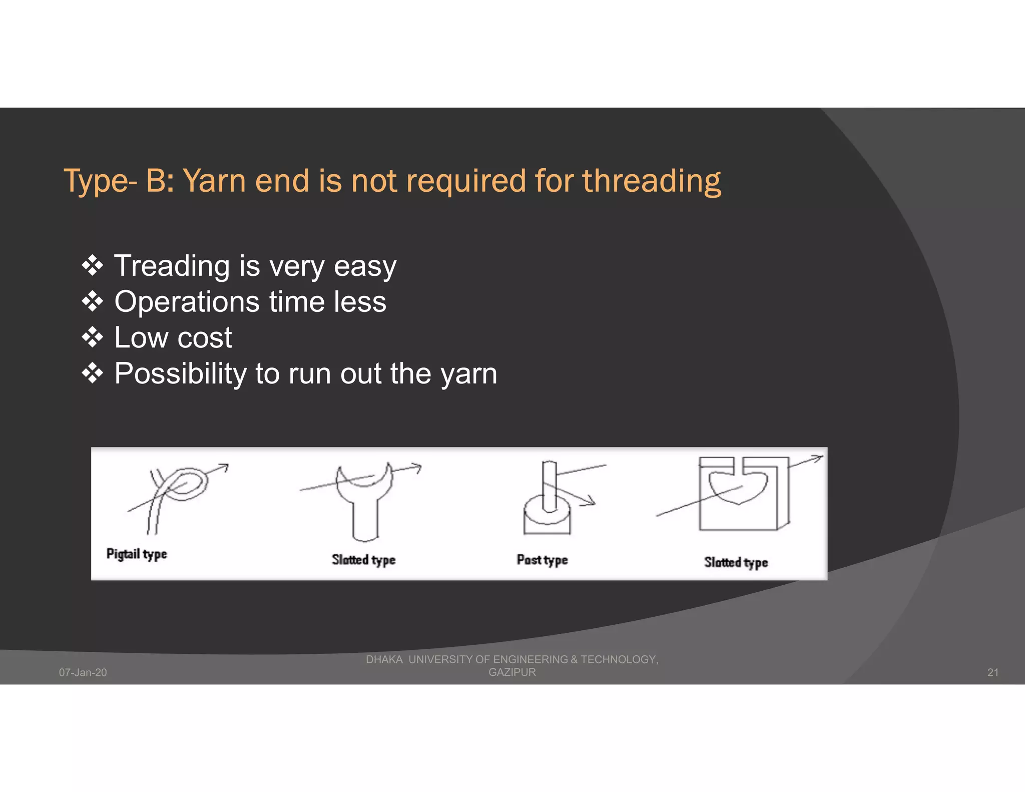 Type- B: Yarn end is not required for threading
 Treading is very easy
 Operations time less
 Low cost
 Possibility to run out the yarn
DHAKA UNIVERSITY OF ENGINEERING & TECHNOLOGY,
GAZIPUR07-Jan-20 21
 
