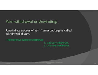 Yarn withdrawal or Unwinding:
Unwinding process of yarn from a package is called
withdrawal of yarn.
There are two types of withdrawal:
1. Sideway withdrawal.
2. Over end withdrawal.
DHAKA UNIVERSITY OF ENGINEERING & TECHNOLOGY,
GAZIPUR07-Jan-20 22
 