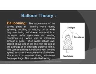 Ballooning: The appearance of the
curved paths of running yarns during
spinning, doubling or winding on or while
they are being withdrawal over-end from
packages under appropriate yarn winding
conditions e.g.; when yarn is withdrawal
through a guide ( often called balloon eye)
placed above and in the line with the axis of
the package at an adequate distance from it.
The yarn (travelling at sufficient yarn winding
speed) assumes the appearance of a balloon
shape as it is revolves during withdrawal
from a package. This is called ballooning.
Balloon Theory :
DHAKA UNIVERSITY OF ENGINEERING & TECHNOLOGY,
GAZIPUR07-Jan-20 24
 