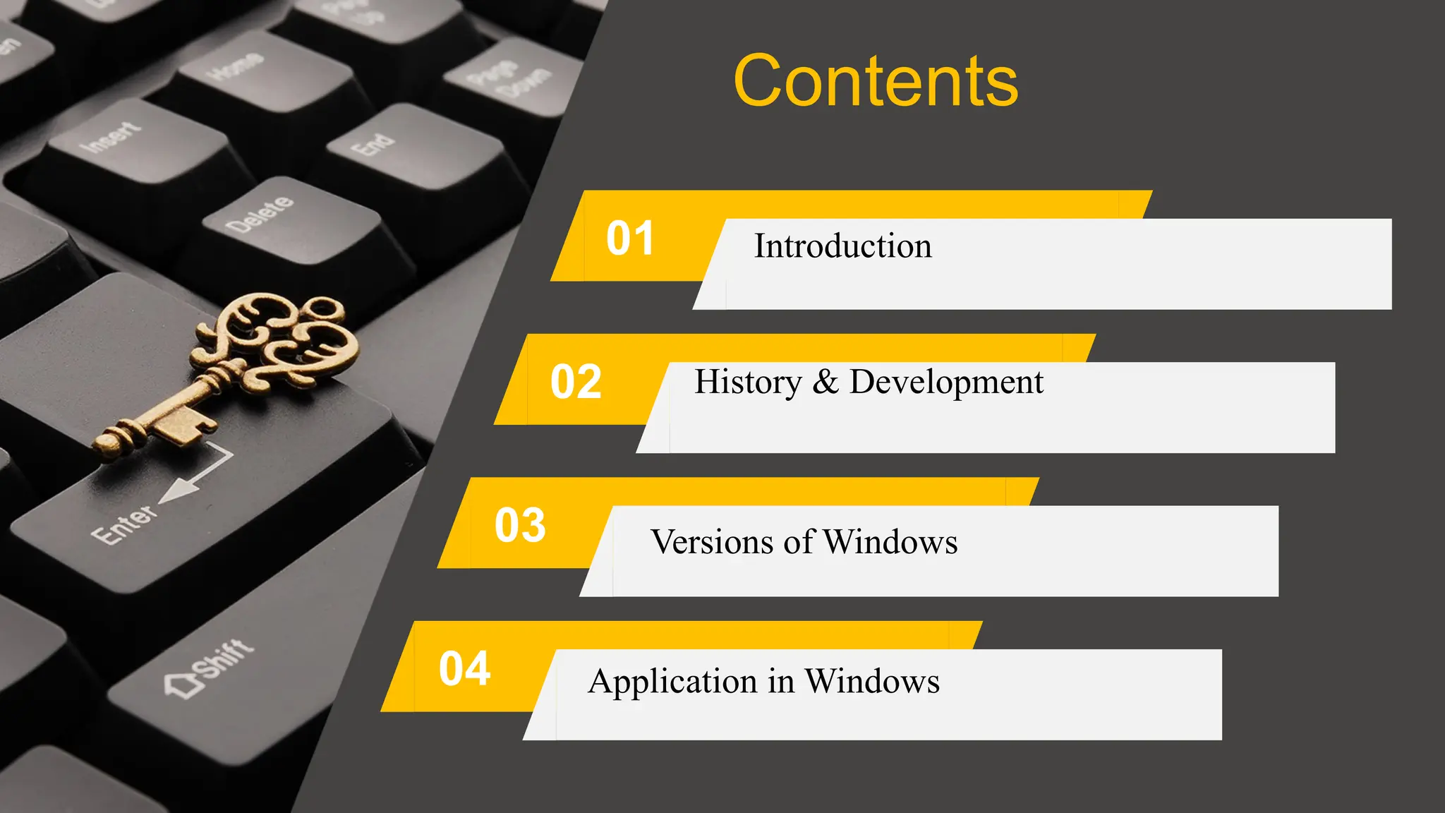 Contents
01
02
03
04
Introduction
History & Development
Versions of Windows
Application in Windows
 