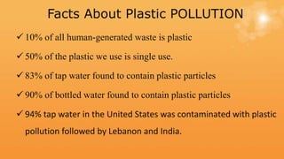 Facts About Plastic POLLUTION
 10% of all human-generated waste is plastic
 50% of the plastic we use is single use.
 83% of tap water found to contain plastic particles
 90% of bottled water found to contain plastic particles
 94% tap water in the United States was contaminated with plastic
pollution followed by Lebanon and India.
 