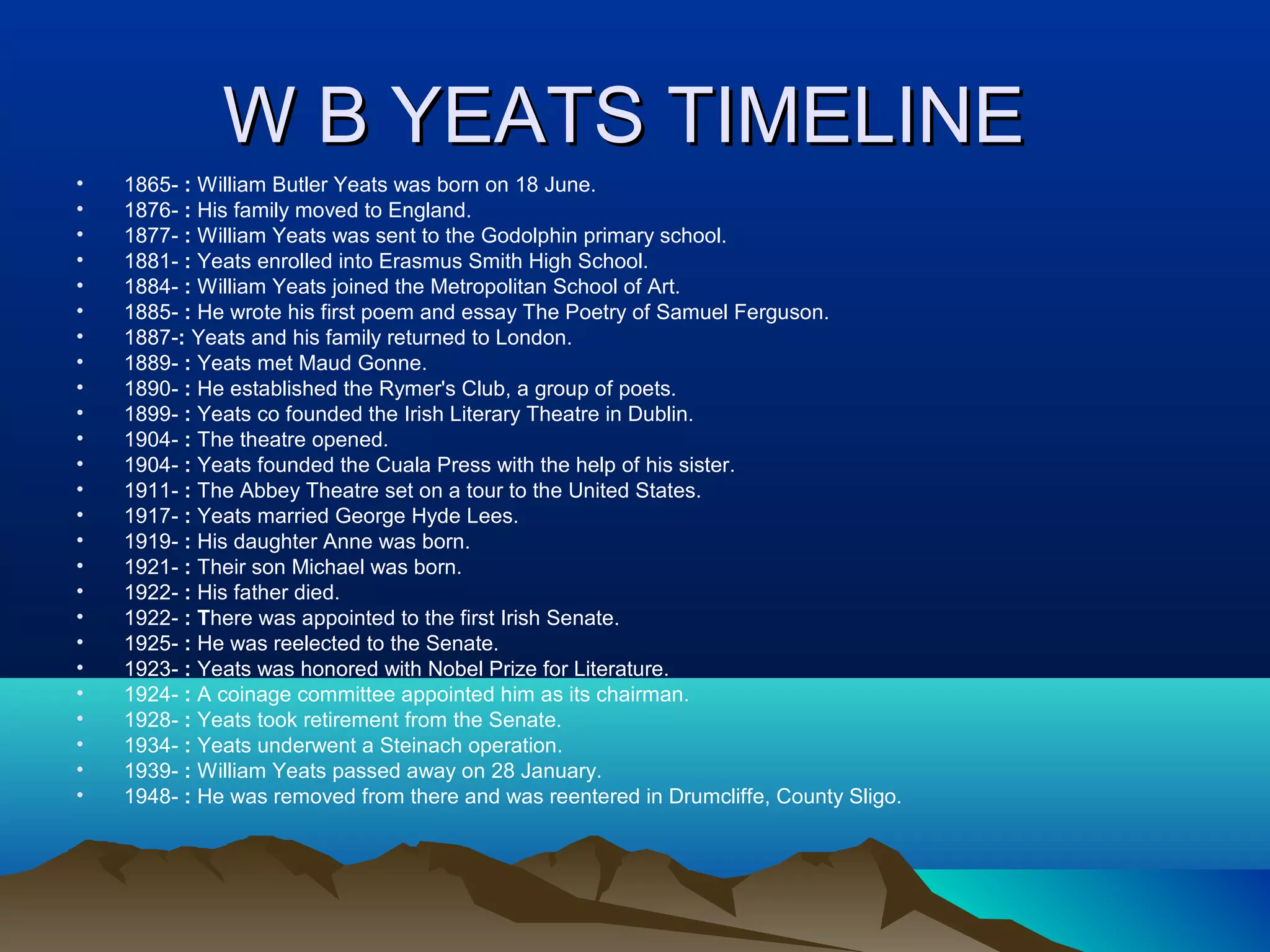 W B YEATS TIMELINEW B YEATS TIMELINE
• 1865- : William Butler Yeats was born on 18 June.
• 1876- : His family moved to England.
• 1877- : William Yeats was sent to the Godolphin primary school.
• 1881- : Yeats enrolled into Erasmus Smith High School.
• 1884- : William Yeats joined the Metropolitan School of Art.
• 1885- : He wrote his first poem and essay The Poetry of Samuel Ferguson.
• 1887-: Yeats and his family returned to London.
• 1889- : Yeats met Maud Gonne.
• 1890- : He established the Rymer's Club, a group of poets.
• 1899- : Yeats co founded the Irish Literary Theatre in Dublin.
• 1904- : The theatre opened.
• 1904- : Yeats founded the Cuala Press with the help of his sister.
• 1911- : The Abbey Theatre set on a tour to the United States.
• 1917- : Yeats married George Hyde Lees.
• 1919- : His daughter Anne was born.
• 1921- : Their son Michael was born.
• 1922- : His father died.
• 1922- : There was appointed to the first Irish Senate.
• 1925- : He was reelected to the Senate.
• 1923- : Yeats was honored with Nobel Prize for Literature.
• 1924- : A coinage committee appointed him as its chairman.
• 1928- : Yeats took retirement from the Senate.
• 1934- : Yeats underwent a Steinach operation.
• 1939- : William Yeats passed away on 28 January.
• 1948- : He was removed from there and was reentered in Drumcliffe, County Sligo.
 