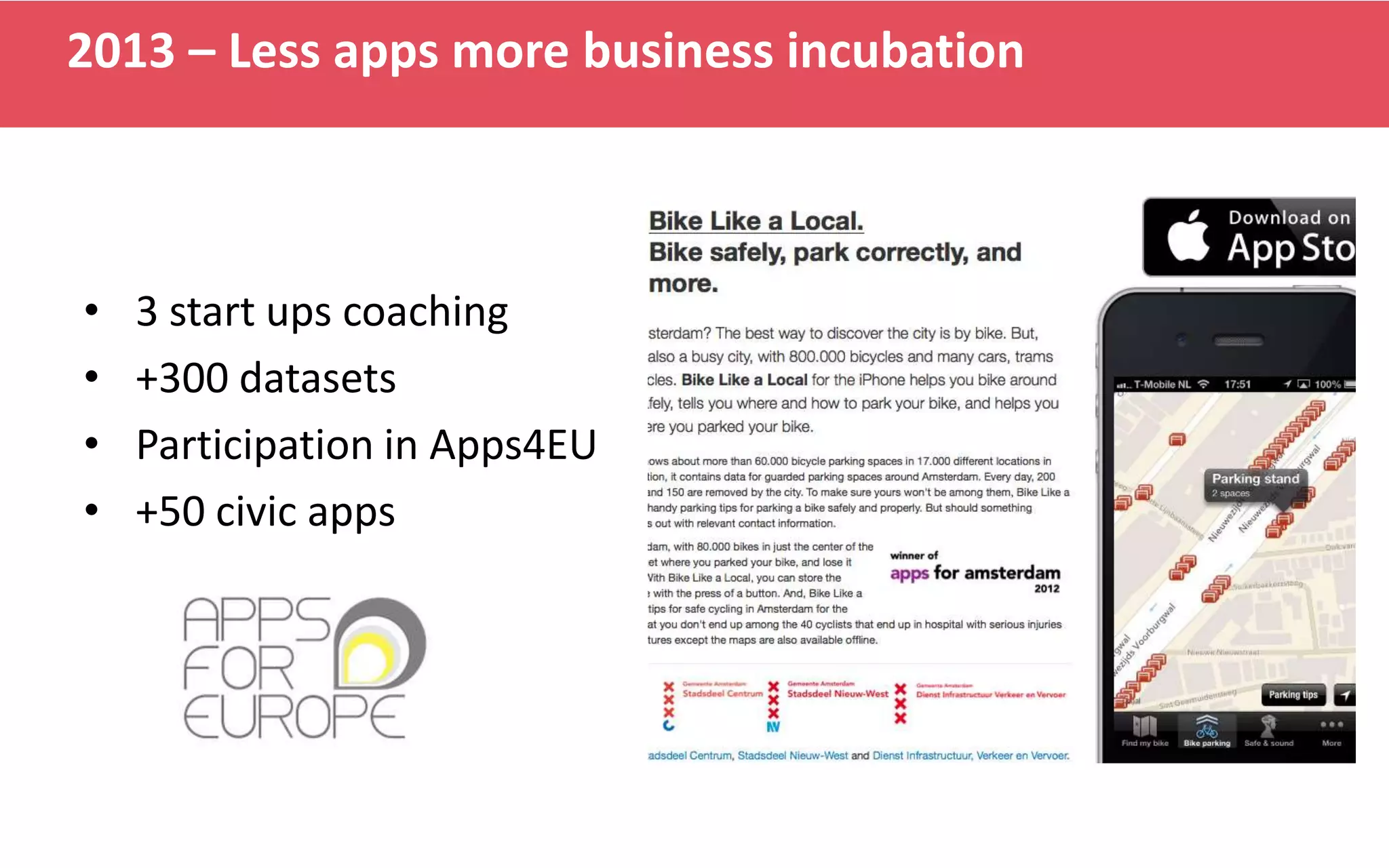 2013 – Less apps more business incubation

•
•
•
•

3 start ups coaching
+300 datasets
Participation in Apps4EU
+50 civic apps

 