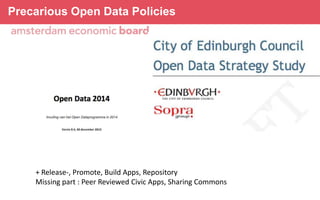 Precarious Open Data Policies

Connected
24 hours
+ Release-, Promote, Build Apps, Repository
Missing part : Peer Reviewed Civic Apps, Sharing Commons

 