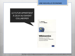 UNE NOUVELLE ÉCONOMIE




LE FUTUR APPARTIENT
 À CEUX AUI SAVENT
    COLLABORER




         http://blogs.lesechos.fr/intelligence-economique/wikinomics-le-futur-appartient-a-ceux-qui-savent-collaborer-a2324.html
 