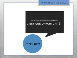 INTÉGRER LE 21EME SIÈCLE




    CE N'EST PAS UNE OBLIGATION
 C'EST UNE OPPORTUNITÉ !




L'OPEN DATA
 