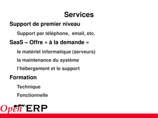 Services Support de premier niveau Support par téléphone,  email, etc. SaaS – Offre « à la demande » le matériel informatique (serveurs) la maintenance du système l’hébergement et le support Formation Technique Fonctionnelle 
