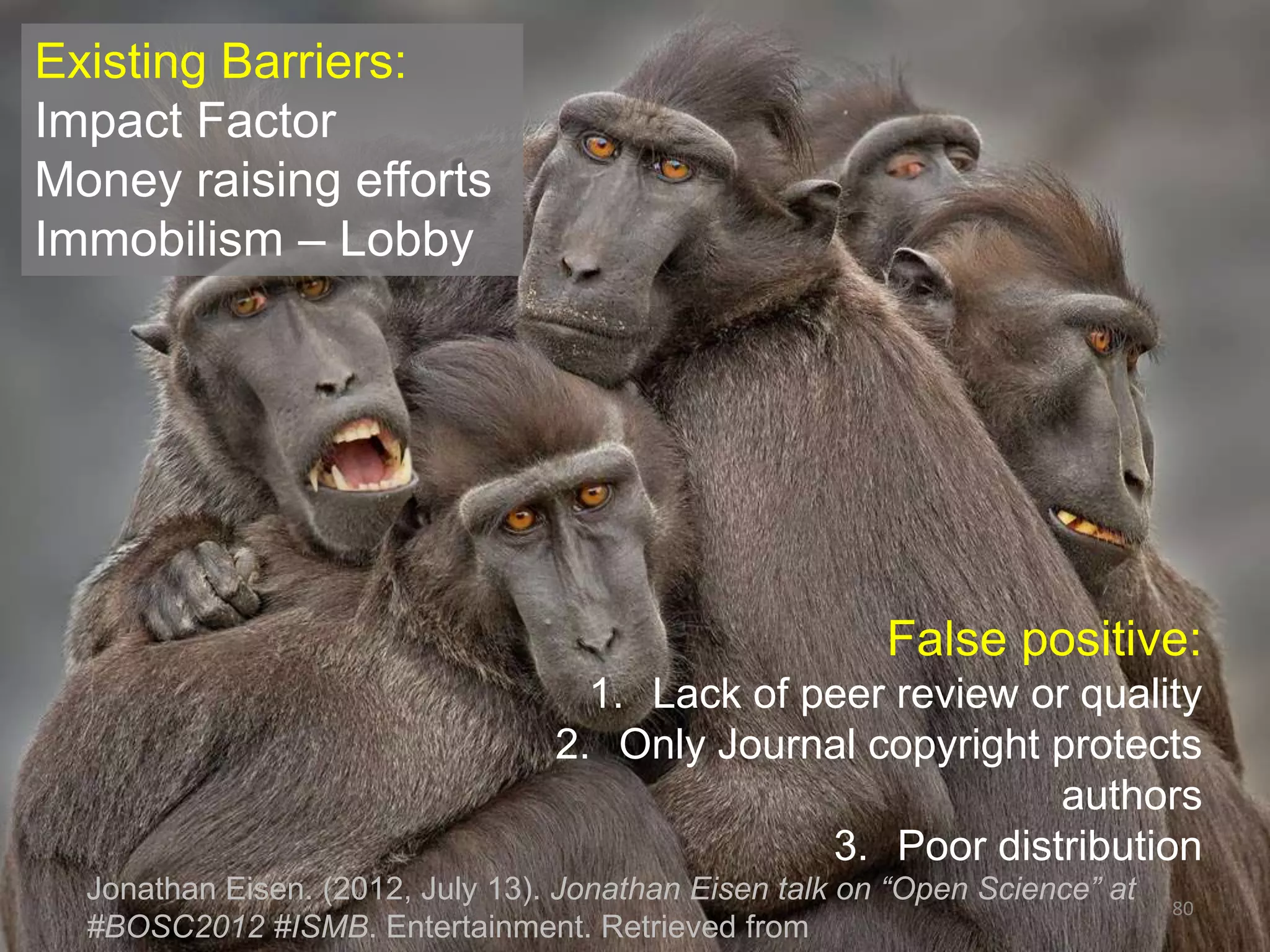 89	
  
How could 'impact' be measured? Authority 3.0 (Michael Jensen)
•  • X citations (de-duped from Google Scholar, Scopus, WoSc)
•  • prestige of the publisher + peer pre-reviewers, commenters
•  • citations (scholarly, hyperlinks, social bookmarks)
•  • expert ratings (f1000.com; Peer Reviewers)
•  • community rating& commenting (Digging; Rating)
•  • social media coverage (bookmarked/discussed/commented)
•  • it was viewed X times in X journal/communities
•  • proportion-quoted-by-others: out in Web/ valued-links
•  • author's participation in other valued projects
•  • inclusion in in syllabi and other indexes
Authority	
  2.0	
  and	
  3.0	
  (PDF)	
  originally	
  presented	
  at	
  50th	
  anniversary	
  celebra3on	
  of	
  Hong	
  Kong	
  University	
  Press,	
  11/2006.	
  hOp://bit.ly/17jDV1f	
  
Björn Brembs. (2009, January 21). Reputation, authority and incentives. Or: How to
get rid of the Imp... Retrieved from http://slidesha.re/16zoylf
 