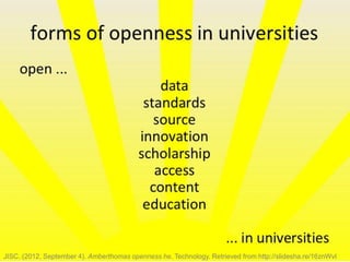 3	
  
JISC. (2012, September 4). Amberthomas openness he. Technology. Retrieved from http://slidesha.re/16znWvI
 