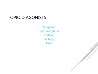 OPIOID AGONISTS
Morphine
Hydromorphone
Codeine
Fentanyl
Heroin
 
