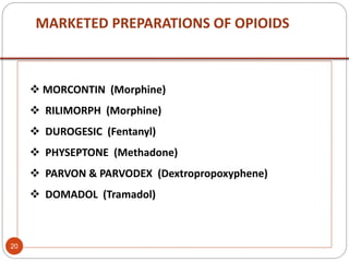 MARKETED PREPARATIONS OF OPIOIDS
 MORCONTIN (Morphine)
 RILIMORPH (Morphine)
 DUROGESIC (Fentanyl)
 PHYSEPTONE (Methadone)
 PARVON & PARVODEX (Dextropropoxyphene)
 DOMADOL (Tramadol)
20
 