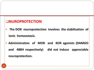 NUROPROTECTION
 The DOR neuroprotection involves the stabilization of
ionic homeostasis.
 Administration of MOR and KOR agonists (DAMGO
and 488H respectively) did not induce appreciable
neuroprotection.
25
 