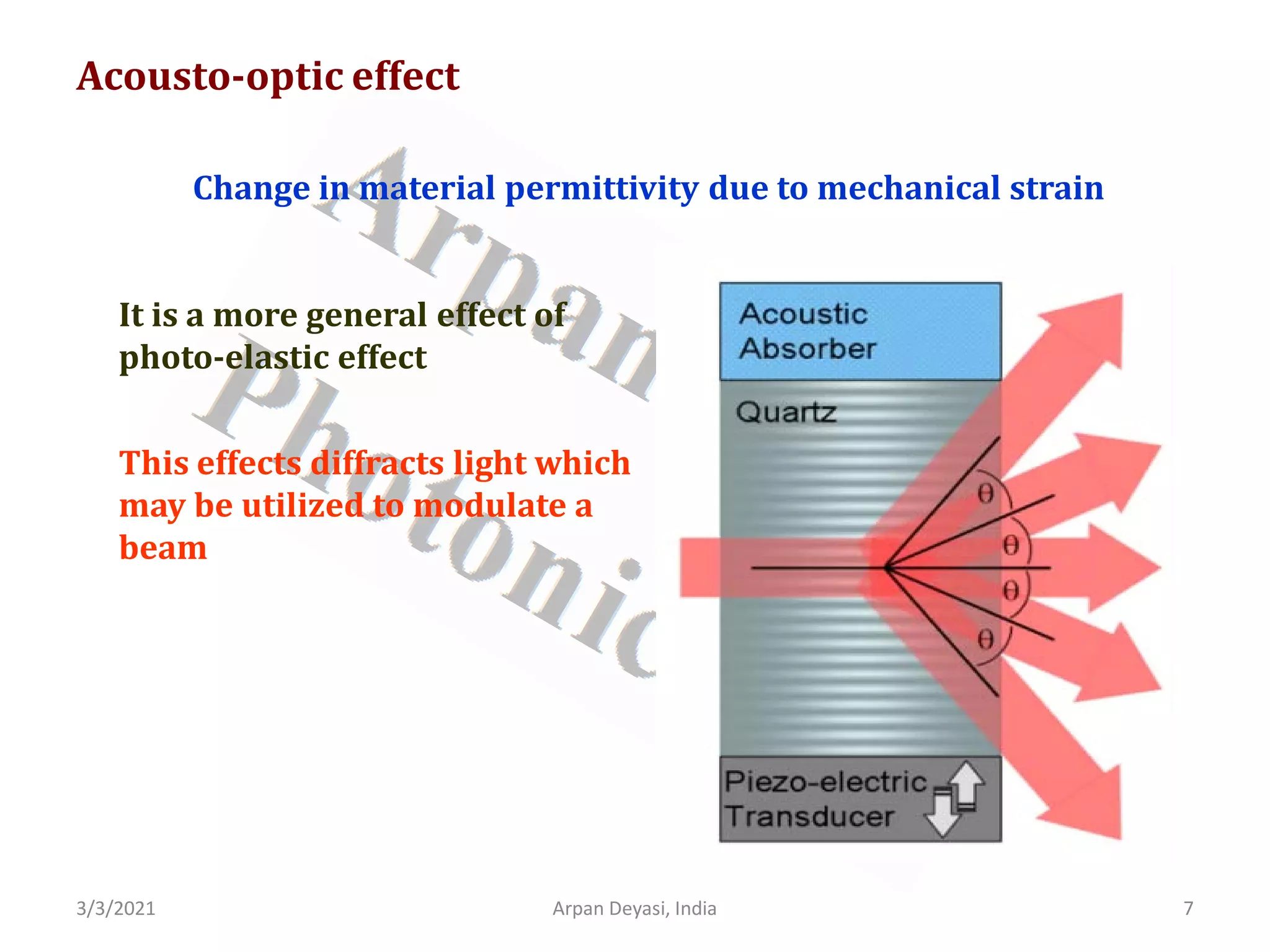 3/3/2021 Arpan Deyasi, India 7
Acousto-optic effect
Change in material permittivity due to mechanical strain
It is a more general effect of
photo-elastic effect
This effects diffracts light which
may be utilized to modulate a
beam
 