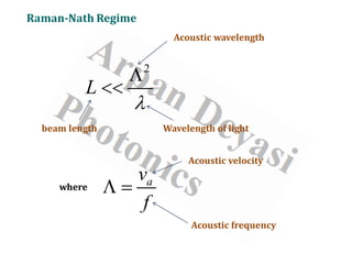 Raman-Nath Regime
Wavelength of light
Acoustic wavelength
Acoustic frequency
Acoustic velocity
2
L
λ
Λ
<<
beam length
where
a
v
f
Λ =
 
