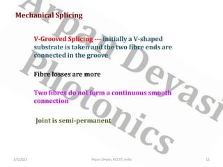 2/3/2021 Arpan Deyasi, RCCIIT, India 12
Mechanical Splicing
V-Grooved Splicing --- initially a V-shaped
substrate is taken and the two fibre ends are
connected in the groove
Fibre losses are more
Two fibres do not form a continuous smooth
connection
Joint is semi-permanent
 