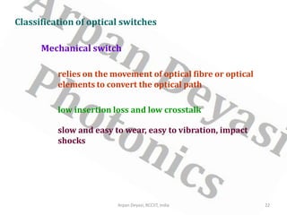 Classification of optical switches
slow and easy to wear, easy to vibration, impact
shocks
22
Arpan Deyasi, RCCIIT, India
Mechanical switch
low insertion loss and low crosstalk
relies on the movement of optical fibre or optical
elements to convert the optical path
 