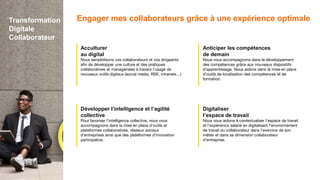 Acculturer
au digital
Nous sensibilisons vos collaborateurs et vos dirigeants
afin de développer une culture et des pratiques
collaboratives et managériales à travers l’usage de
nouveaux outils digitaux (social media, RSE, intranets…)
Développer l’intelligence et l’agilité
collective
Pour favoriser l’intelligence collective, nous vous
accompagnons dans la mise en place d’outils et
plateformes collaboratives, réseaux sociaux
d’entreprises ainsi que des plateformes d’innovation
participative.
Anticiper les compétences
de demain
Nous vous accompagnons dans le développement
des compétences grâce aux nouveaux dispositifs
d’apprentissage. Nous aidons dans la mise en place
d’outils de localisation des compétences et de
formation.
Digitaliser
l’espace de travail
Nous vous aidons à contextualiser l’espace de travail
et l’expérience salarié en digitalisant l’environnement
de travail du collaborateur dans l’exercice de son
métier et dans sa dimension collaborateur
d’entreprise.
Engager mes collaborateurs grâce à une expérience optimaleTransformation
Digitale
Collaborateur
 