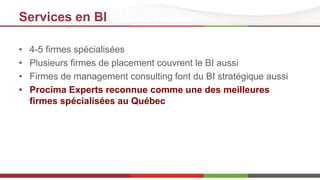 Services en BI 
• 4-5 firmes spécialisées 
• Plusieurs firmes de placement couvrent le BI aussi 
• Firmes de management consulting font du BI stratégique aussi 
• Procima Experts reconnue comme une des meilleures 
firmes spécialisées au Québec 
 