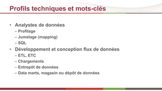 Profils techniques et mots-clés 
• Analystes de données 
– Profilage 
– Jumelage (mapping) 
– SQL 
• Développement et conception flux de données 
– ETL, ETC 
– Chargements 
– Entrepôt de données 
– Data marts, magasin ou dépôt de données 
 