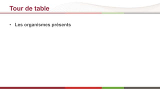 Tour de table 
• Les organismes présents 
 