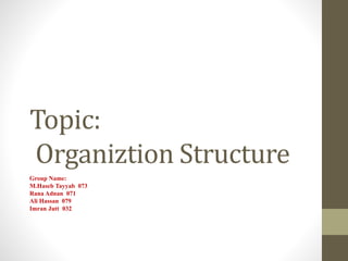 Topic:
Organiztion Structure
Group Name:
M.Haseb Tayyab 073
Rana Adnan 071
Ali Hassan 079
Imran Jutt 032
 